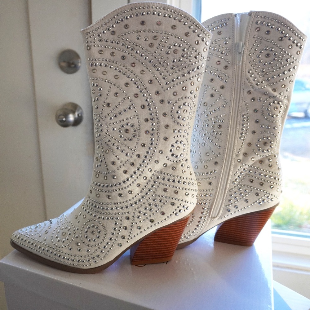 NEW WEDDING WHITE cowgirl sequin cowboy boots Womens 8